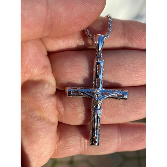 Harlembling Silver Cross Pendant Necklace 2" Jesus